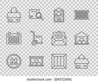 Set line This side up, Carton cardboard box, Verification of delivery list clipboard, Warehouse, Hand truck and boxes, Wooden and  icon. Vector