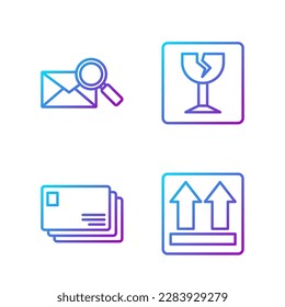 Set line This side up, Envelope, Envelope with magnifying glass and Fragile broken glass. Gradient color icons. Vector