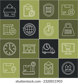 Fijar línea Este lado arriba, Carro de compras en el ordenador, Peso, Seguridad de entrega con escudo, Envío y caja a nivel mundial, Borrado de madera, Cartón de cartón e icono de Stopwatch. Vector