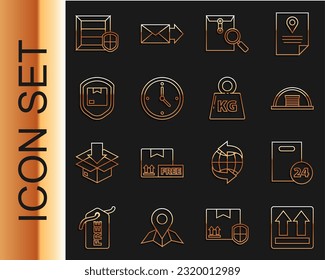 Set line This side up, Delivery with cardboard boxes, Hangar, Envelope magnifying glass, Fast time delivery, pack security shield,  and Weight icon. Vector