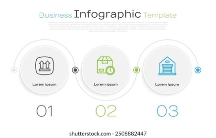 Set line Este lado para cima, Caixa de papelão com relógio e Depósito. Modelo de infográfico comercial. Vetor