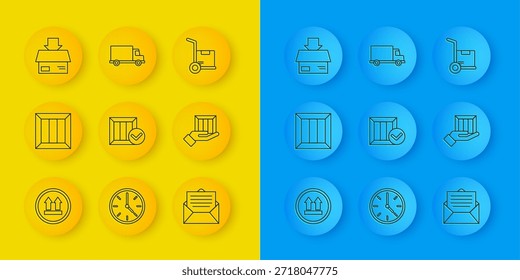 Set line This side up, Wooden box, with check mark, Envelope, Delivery hand boxes, Carton cardboard, Hand truck and cargo vehicle icon. Vector