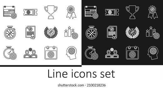 Set line Thoughts on a basketball, Sports winner podium, Award cup, Certificate award, Stopwatch with, Basketball sport calendar,  and game ticket icon. Vector