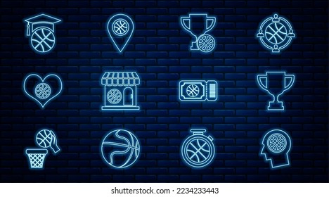 Set line Thoughts on a basketball, Award cup, with, Sports shop and, Heart, Basketball training, game ticket and Location icon. Vector