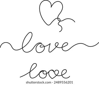 Set of line thread heart and inscriptions of word "heart", hand drawn illustration