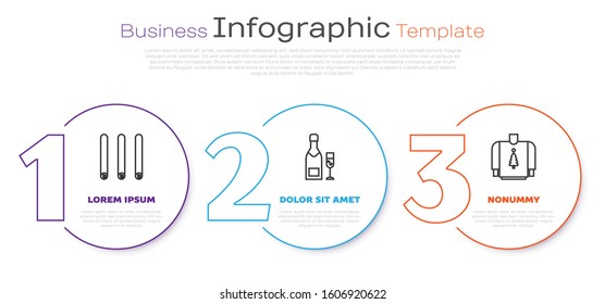 Set line Three rolled sticks of cinnamon, Champagne bottle and glass of champagne and Christmas sweater. Business infographic template. Vector