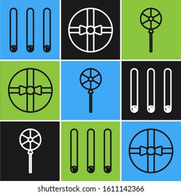 Set line Three rolled sticks of cinnamon, Lollipop and Gift box icon. Vector