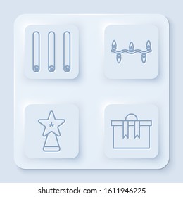 Set line Three rolled sticks of cinnamon, Christmas lights, Christmas star and Gift box. White square button. Vector