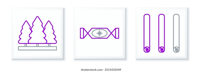 Set line Tres palitos de canela, árboles de Navidad e icono de caramelo. Vector