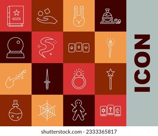 Set Linie Drei Tarot Karten, Zauberstab, Personal, Kaninchen mit Ohren, Nebel oder Rauch, Ball, alte Magie Buch und Spielsymbol. Vektorgrafik