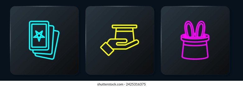 Set line Three tarot cards, Magician hat and rabbit ears and in hand. Black square button. Vector