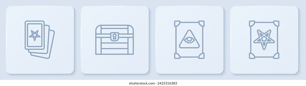 Set line Three tarot cards, Ancient magic book, Antique treasure chest and . White square button. Vector
