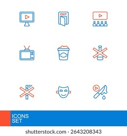 Set line Thriller movie, Comedy theatrical mask, No smoking, alcohol, Retro tv, Popcorn cardboard box, Cinema auditorium with screen and Fire exit icon. Vector