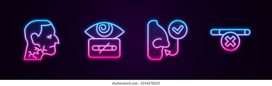 Set line Throat cancer, Hypnosis, Healthy breathing and No smoking. Glowing neon icon. Vector