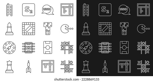 Set Line Tic Tac Zehenspiel, Pacman mit Essen, Uno-Karte, Board, Schach, Mahjong Stücke und Domino-Symbol. Vektorgrafik