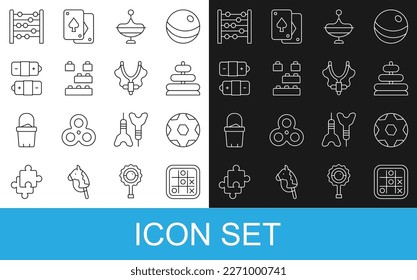 Set line Tic tac toe game, Soccer football ball, Pyramid toy, Whirligig, Toy building block bricks, Battery, Abacus and Slingshot icon. Vector