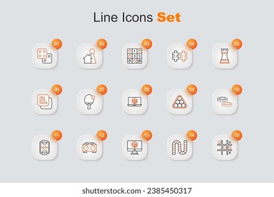 Set line Tic tac toe game, Board, Game dice, Time chess clock, Table football, Checker chips, Billiard balls in triangle and  icon. Vector