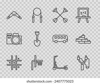 Set line Tic tac toe game, Slingshot, Arrow with sucker tip, Basketball backboard, Boomerang, Shovel toy, Scooter and Toy building block bricks icon. Vector