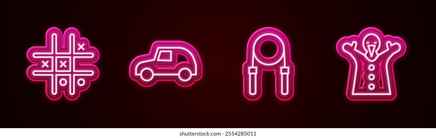 Set line Tic tac toe game, Toy car, Jump rope and puppet doll on hand. Glowing neon icon. Vector