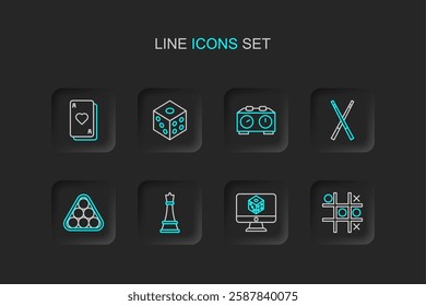 Set line Tic tac toe game, Game dice, Chess, Billiard balls in triangle, Crossed billiard cues, Time chess clock,  and Playing cards icon. Vector