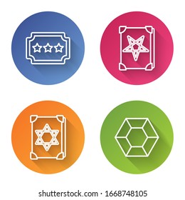 Juego de entradas en línea, libro de magia antiguo, libro de magia antiguo y piedra mágica. Botón de círculo de color. Vector