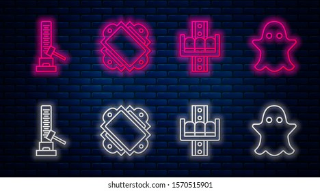 Set line Ticket, Attraction carousel, High striker attraction with big hammer and Ghost. Glowing neon icon on brick wall. Vector