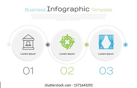 Set line Ticket box office, Target sport for shooting competition and Curtain. Business infographic template. Vector