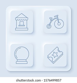 Set line Ticket box office, Vintage bicycle with one big wheel and one small, Magic ball and Ticket. White square button. Vector