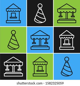 Set line Ticket box office, Attraction carousel and Party hat icon. Vector
