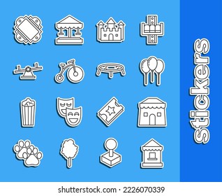 Set line Ticket box office, Circus tent, Balloons with ribbon, Castle, Vintage bicycle one big wheel and one small, Seesaw,  and Jumping trampoline icon. Vector