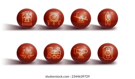 Set line Ticket box office, Juggling ball, Circus ticket, Swing plane, Toy train, Roller coaster,  and Seesaw icon. Vector