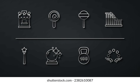 Fija la oficina de la caja de boletos de la línea, varita mágica, montaña rusa, peso, pelota, langosta, contrabando e ícono. Vector