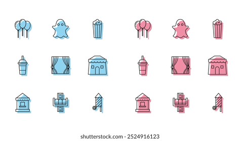 Set line Ticket box office, Attraction carousel, Balloons with ribbon, Firework rocket, Curtain, Circus tent, Paper glass drinking straw and water and Ghost icon. Vector