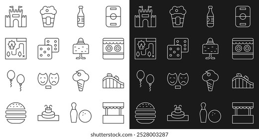 Set line Ticket box office, Roller coaster, Shooting gallery, Bottle water, Game dice, Amusement park map, Castle and Magic ball on table icon. Vector