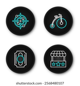 Set line Ticket box office, Circus ticket, Vintage bicycle and Target sport icon. Vector