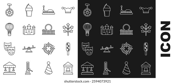 Set line Ticket box office, Corn dog, Fireworks, Bumper car, Castle, Hot air balloon, Unicycle one wheel bicycle and Roller coaster icon. Vector