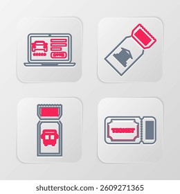 Set line Ticket, Bus ticket, Museum and Online car sharing icon. Vector