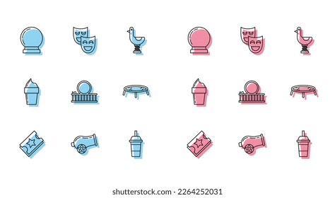 Fija la línea Ticket, Cannon, Magic ball, Paper glass con agua y paja para beber, Roller coaster, Jumping trampoline, Ice crema waffle cone y Comedy theatrical masks icon. Vector
