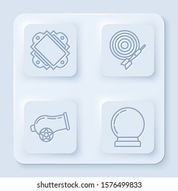Set line Ticket, Classic dart board and arrow, Cannon and Magic ball. White square button. Vector