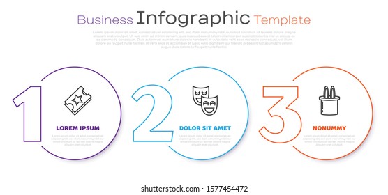 Set line Ticket, Comedy theatrical masks and Magician hat and rabbit ears. Business infographic template. Vector