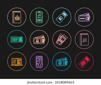 Set line Ticket, Cover book travel guide, Train ticket, Airline and Mobile with icon. Vector