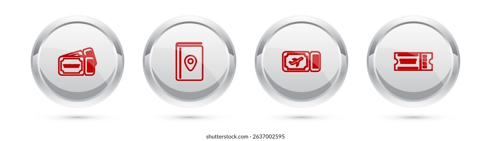 Set line Ticket, Cover book travel guide, Airline ticket and . Silver circle button. Vector