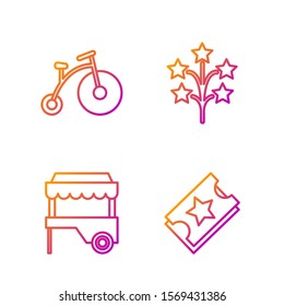 Set line Ticket, Fast street food cart with awning, Vintage bicycle with one big wheel and one small and Fireworks. Gradient color icons. Vector