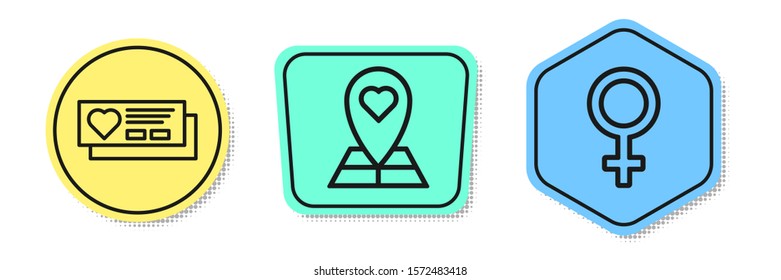 Set line Ticket with heart, Map pointer with heart and Female gender symbol. Colored shapes. Vector