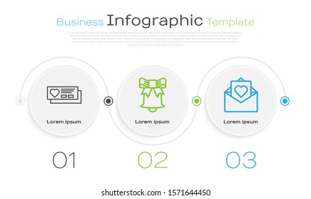Set line Ticket with heart, Ringing bell and Envelope with Valentine heart. Business infographic template. Vector
