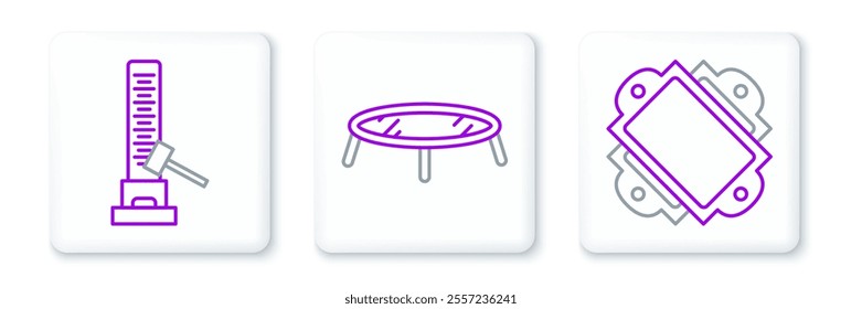 Set line Ticket, High striker attraction with big hammer and Jumping trampoline icon. Vector