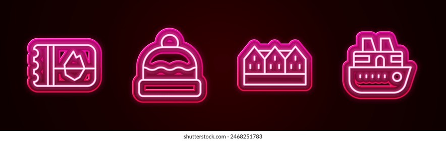 Set line Ticket in Iceland, Beanie hat, Norwegian wooden house and Cruise ship. Glowing neon icon. Vector