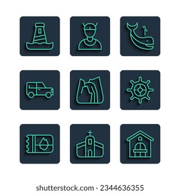 Set line Ticket in Iceland, Church building, Farm house, Whale, Waterfall, Car, Lighthouse and Ship steering wheel icon. Vector