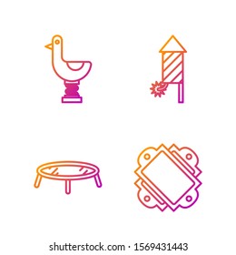 Set line Ticket, Jumping trampoline, Riding kid duck and Firework rocket. Gradient color icons. Vector