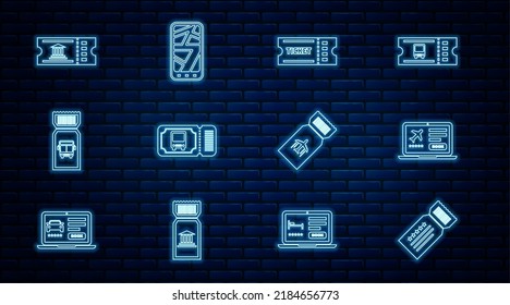 Set line Ticket, Laptop with ticket, Bus, Museum, Airline and Infographic of city map icon. Vector